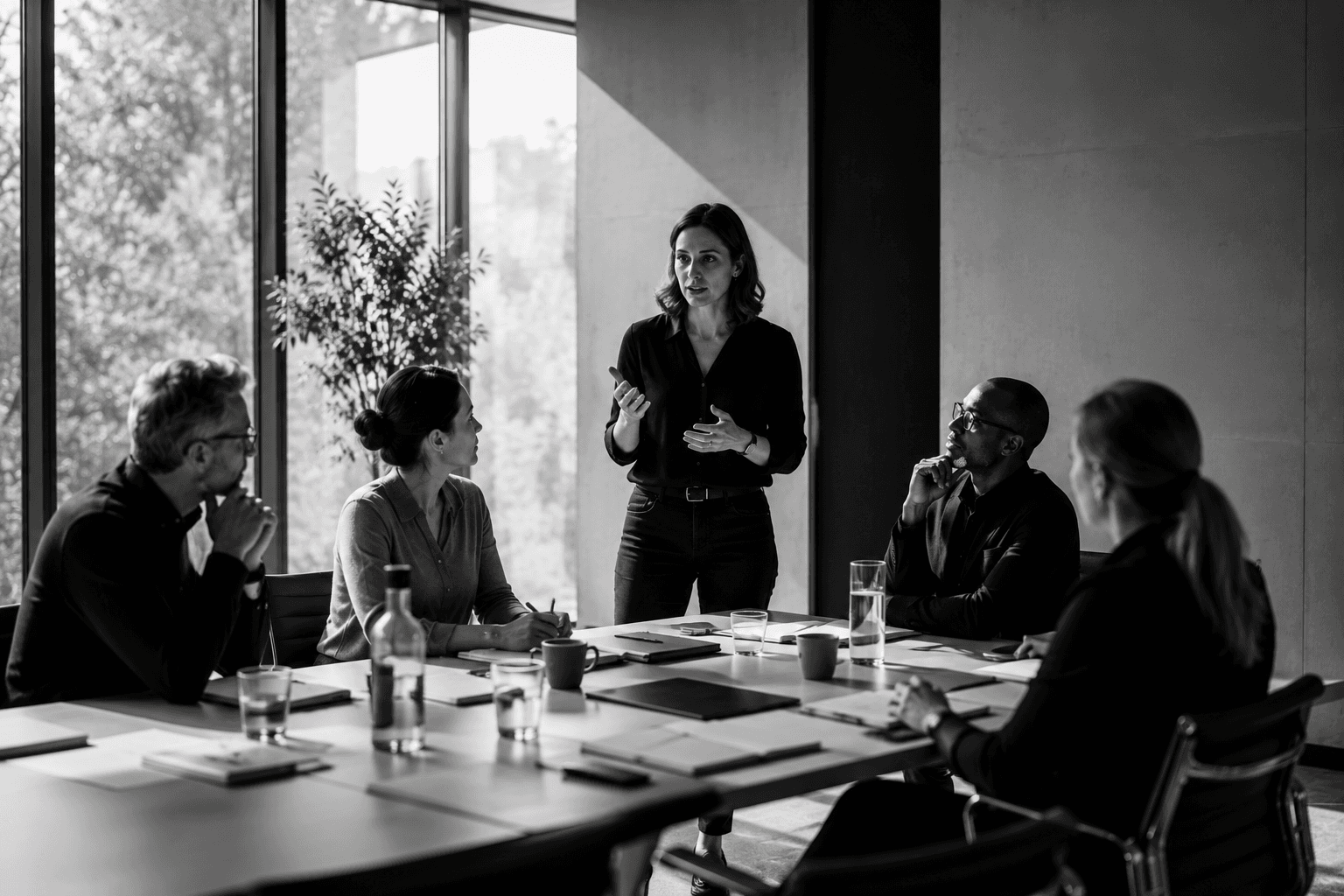 Human-centred executive roundtable discussion in a modern meeting room